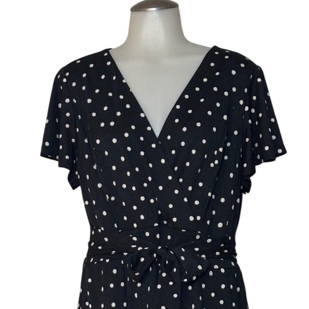 Lane Bryant Faux Wrap Dress Women 14/16 Black Polka Dot Flutter Sleeve lined NWT